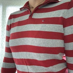 Tommy Hilfiger Zip Neck Stripped Red&Grey Sweater